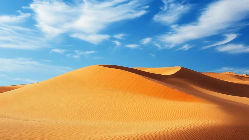 Golden desert dunes curve beneath bright blue sky.