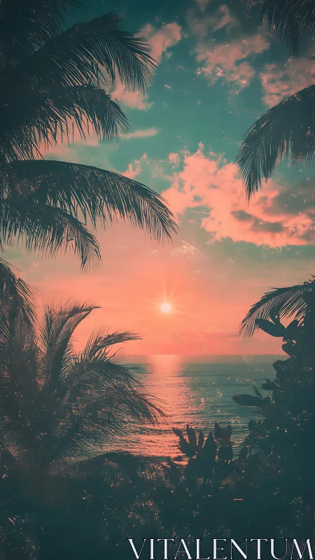 Retro-tinted tropical sunset glows softly above calm ocean