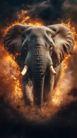 Majestic elephant charges through swirling inferno of fire.