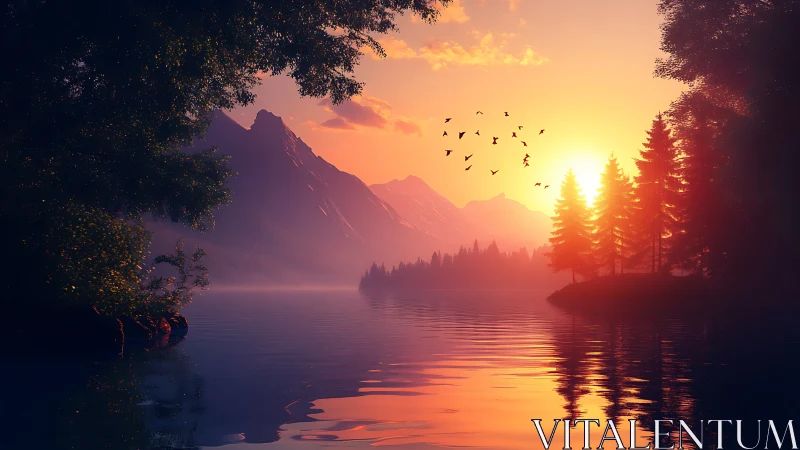 Sunlit alpine lake with glowing fir trees at sunrise