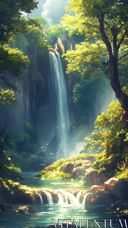Sunlit forest waterfall inviting you into quiet daydreams.