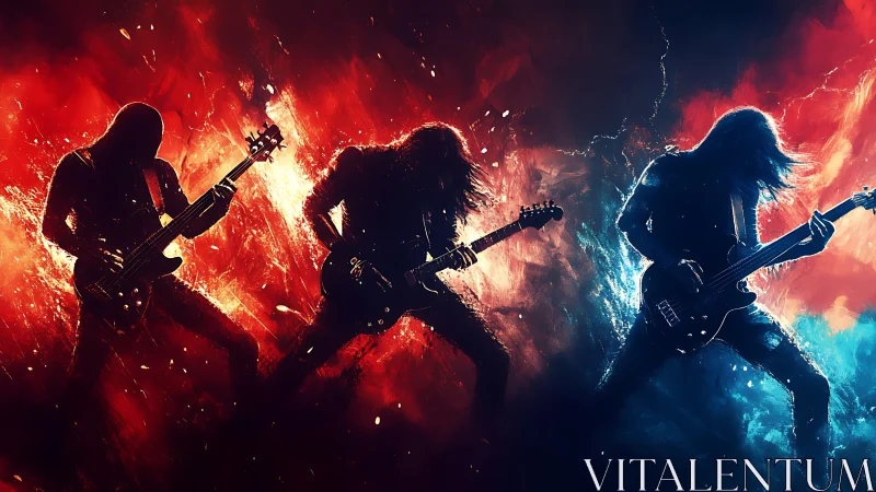 Rock guitar trio erupts through blazing red and blue energy