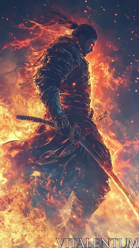 Flaming samurai warrior strides through consuming firestorm