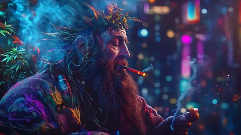 Neon-lit urban druid smoking in glowing cyber jungle.