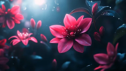 Glowing Pink Flowers Dance in Dreamy Blue Light