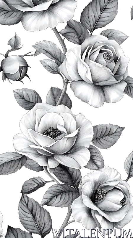 Delicate Rose Botanicals: Monochromatic Pencil Study with Layered Blooms.