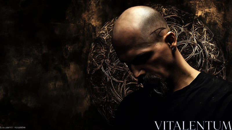 Bald man in shadowed profile before intricate golden halo