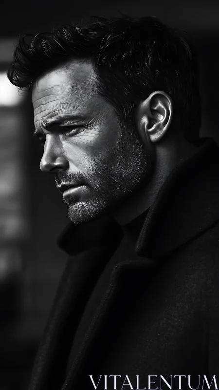 Moody black and white profile portrait of pensive man