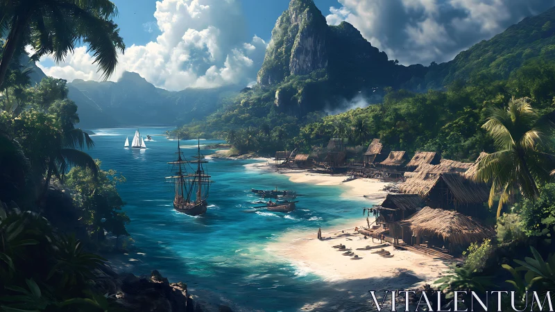 Tropical Archipelago Harbor with Anchored Galleon Vessel Architecture.