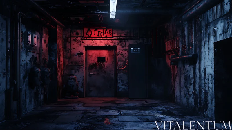 Red-lit industrial corridor hides a foreboding steel door.