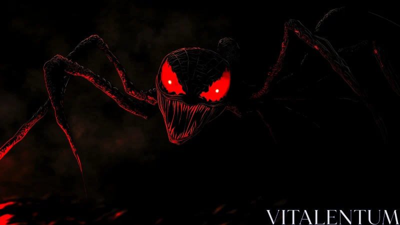 Gleaming red-eyed spider creature creeps from the shadows