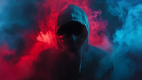 Hooded phantom in neon smoke, split by red and blue fire.