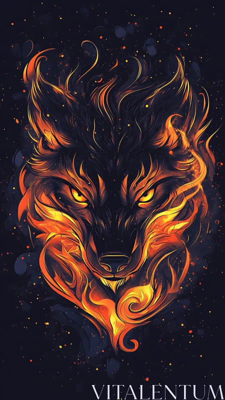 Stylized wolf head is rendered with flowing orange flames