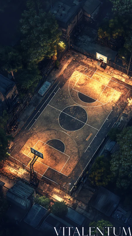 Streetlit court glows like a secret arena above sleeping roofs