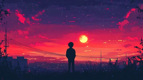 Solitary figure gazes at neon sunset sky over silent cityscape.