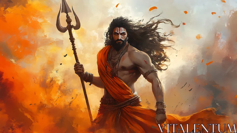 Warrior monk holding trident amid swirling orange smoke.