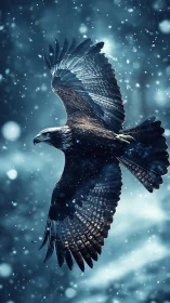Majestic eagle gliding through a snowy twilight sky.