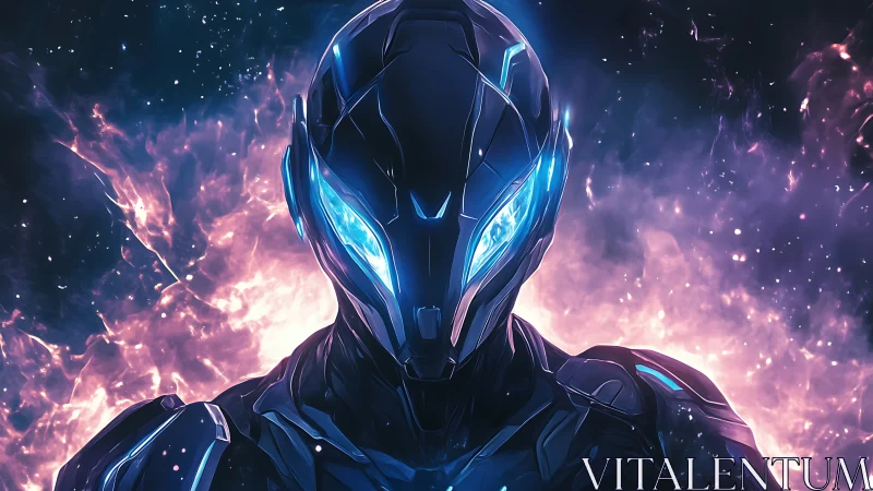 Cybernetic sentinel with neon visor against cosmic plasma.