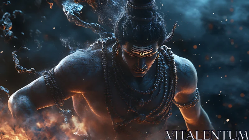 Fiery godlike warrior strides through swirling cosmic storm