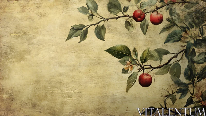 Ornamental apple branches rendered on aged textured parchment ground