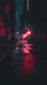 Cyberpunk rain-slick alleyway with neon axial perspective.