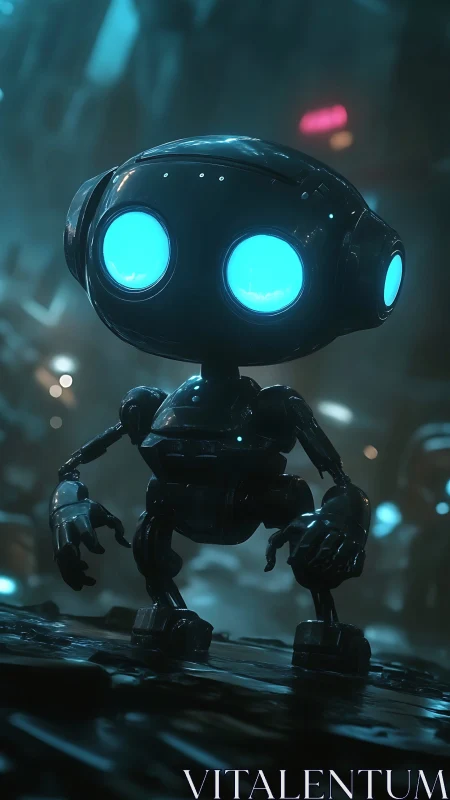 Small biped robot with glowing eyes in dark sci fi setting.
