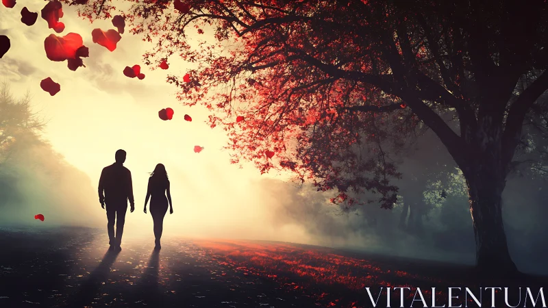 Silhouetted Couple Traversing Luminous Arboreal Pathway with Falling Heart Particles.