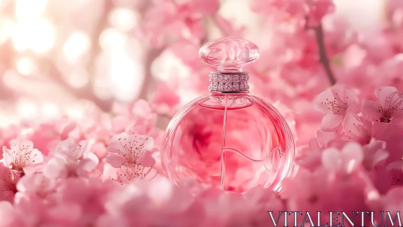 Pink perfume bottle among soft pink cherry blossoms.