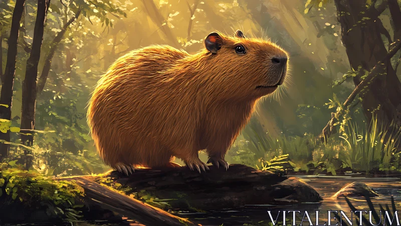 Capybara on forest stream rock under filtered daylight.