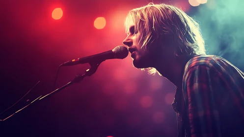 Male vocalist performing on stage under colored lights.