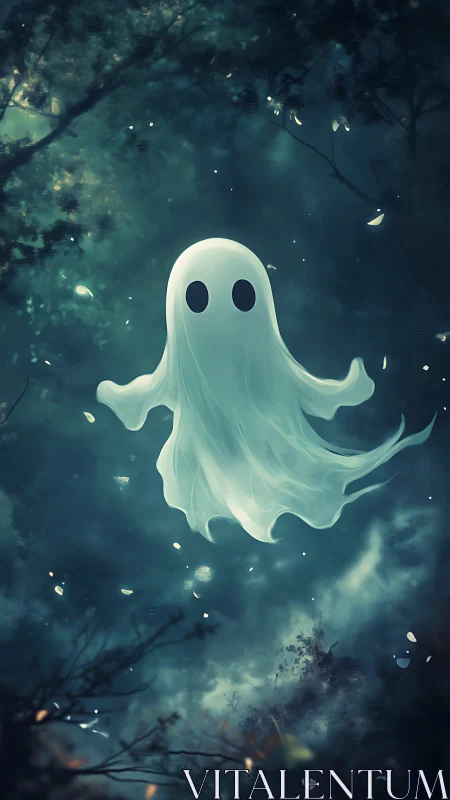 Digital painting of a luminous ghost in a moonlit forest scene.