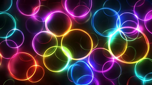 Neon light rings overlap across dark glowing background