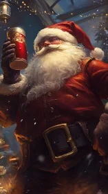Warm side-lit Santa portrait raises festive drink in rich bokeh