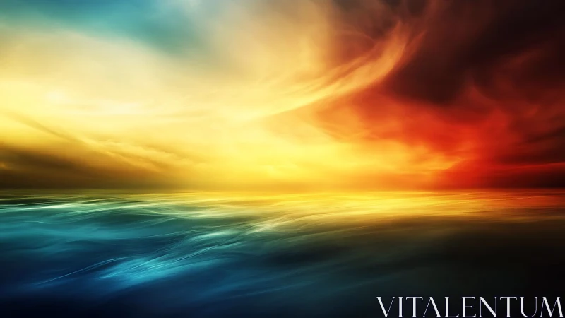 Abstract seascape merges chromatic sunset sky and fluid horizon