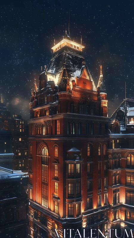 Snowlit city tower glowing with warm winter windows.