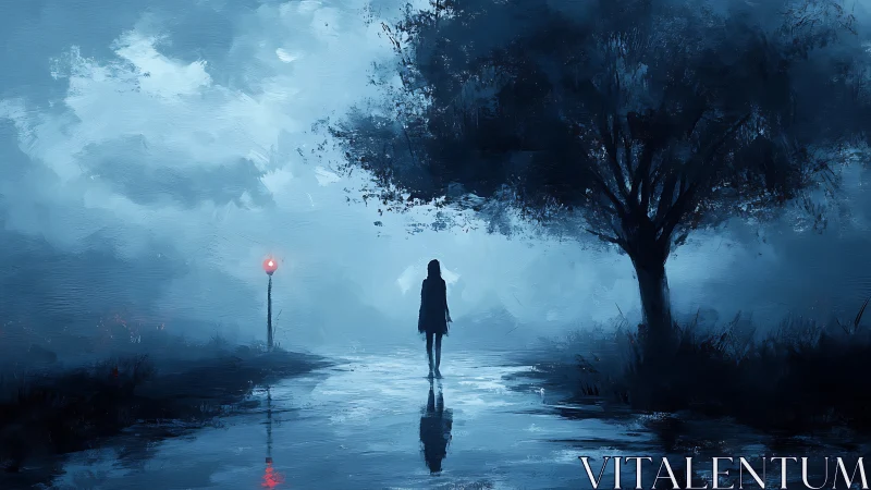 Solitary figure on wet road under dark tree at night.