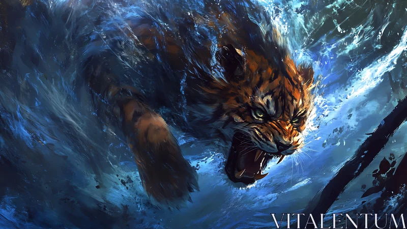 Feral tiger erupts through stormwave in electric blue fury.