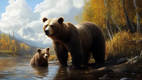 Mother bear and curious cub exploring a golden riverbank.