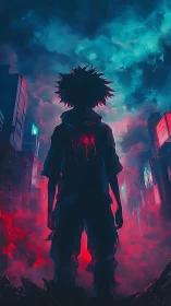 Neon storm crowns a lone silhouette in glitching city afterglow