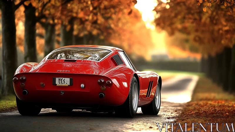 Rear-quarter study of classic red GT under autumn canopy.