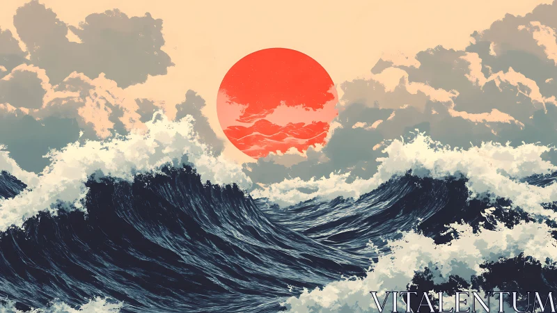 Red sun over dark ocean waves under dense cloud cover.