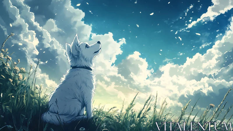 Daydreaming white dog under a wide, wind-swept summer sky.