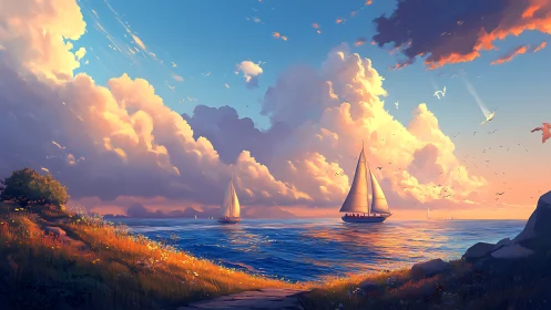 Sunlit sailboats under towering pastel evening clouds.