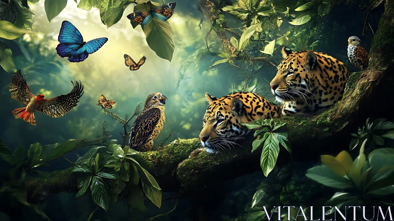 Rainforest Fauna Composition With Jaguars, Birds, Butterflies, and Foliage