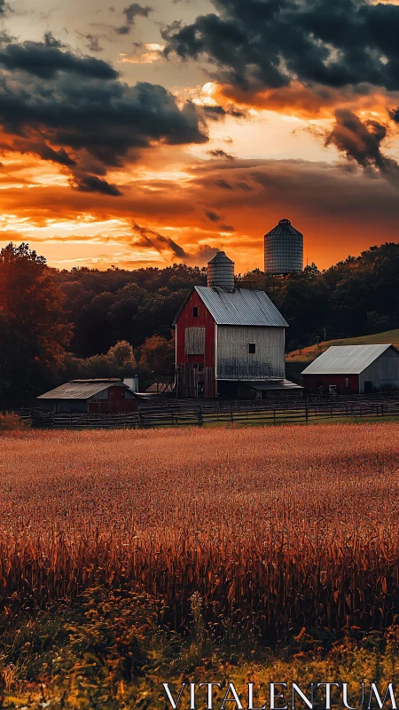 Farm buildings and crop field sit under dense dramatic sunset