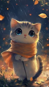 White cat wearing orange scarf in illuminated nighttime setting with falling leaves