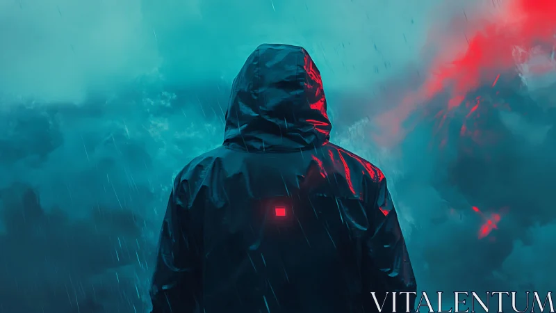 Hooded figure in rain against teal sky with red light.