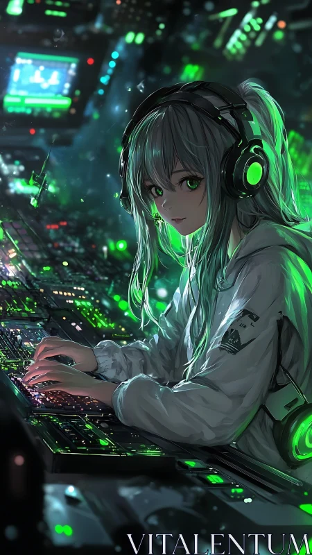 Cyberpunk anime hacker girl at neon green control workstation