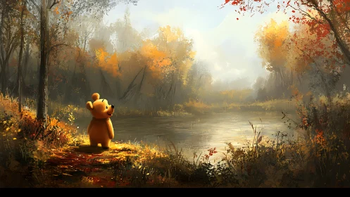 Small bear observes misty autumn river in warm light