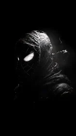 Hooded webbed vigilante in stark monochrome shadows.